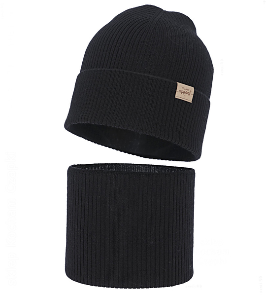 Czapka i komin dla dziewczynki, jesienny/wiosenny komplet, 100% merino, Gamenta, czarny, 48-51 cm