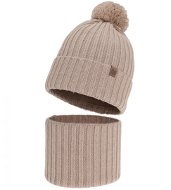 Czapka i komin dla chłopca, 100% merino, Mogtar, beżowy, 52-54 cm