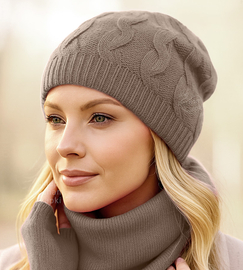 Czapka damska  z wełny merino i kaszmiru, jesienna/zimowa, Likana, fango, 55-58 cm