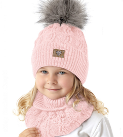 Czapka i komin dla dziewczynki, komplet zimowy, Entea, róż pudrowy jasny, 50-54 cm