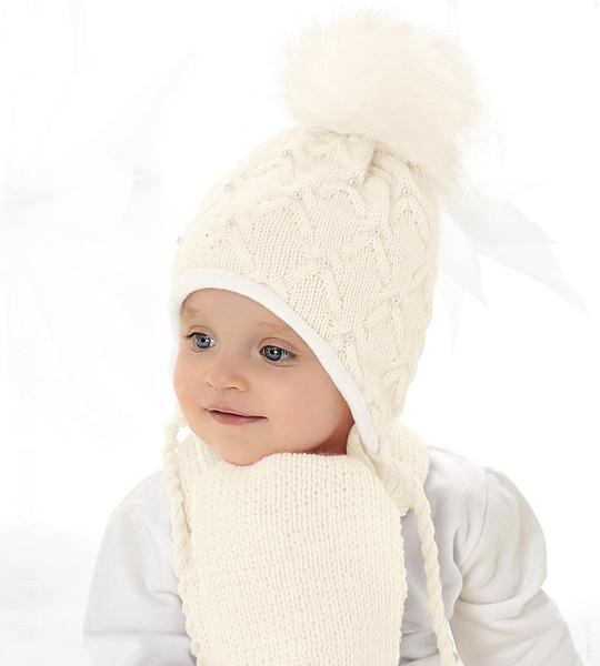 Czapka i szalik dla dziewczynki, zimowy komplet z perełkami, Marima, śmietankowy, 44-46 cm
