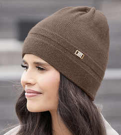 Czapka zimowa damska, elegancka, z wełny 100% merino, Orchidea, mokka, 55-57 cm