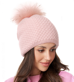 Czapka Damska z Wełny Merino z Pomponem z Jenota, Makaria, różowa, 56-60 cm
