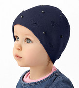 Czapka dla dziewczynki, wiosenna/jesienna, dzianinowa z perełkami, Olimpia, granatowa, 45-48 cm
