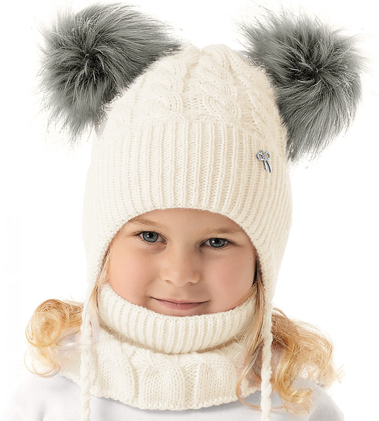 Czapka i komin dla dziewczynki, komplet zimowy, Lussy, kremowy, 50-52 cm