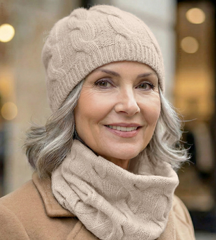 Komplet z wełny merino i kaszmiru, czapka i komin,  Likana, jasny beżowy, 55-58 cm