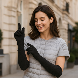 Długie rękawiczki damskie z angorą,  R264, czarne, uniwersalne