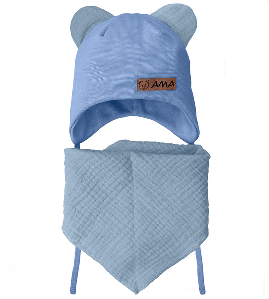 Komplet niemowlęcy, czapeczka i chustka muślinowa, Amisiio, niebieski (2), 42-44 cm