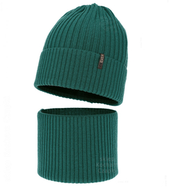 Czapka i komin dla chłopca, na zimę, 100% merino, Mogizzo, zielony, 50-52 cm