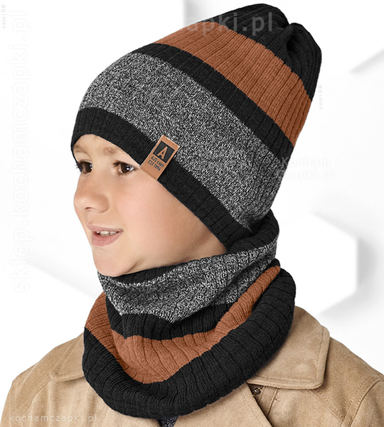 Komplet czapka i komin dla chłopca Edvard, czarny + brąz, 48-54 cm	