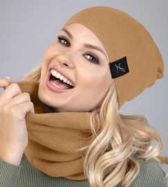 Dzianinowa czapka i komin damski, Nobia, kamel, 54-57 cm