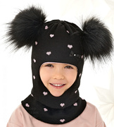 Kominiarka zimowa z dwoma pomponami dla dziewczynki, Gizelda, czarna, 49-53 cm