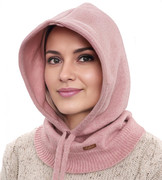 Komin z kapturem damski, kominiarka/kaptur zimowy, merino 17%, Beliza, różowa, 55-62 cm