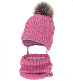 Czapka zimowa i komin z wełną merino, dla dziewczynki, Anmunda, różowy, 48-50 cm