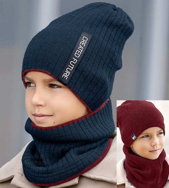 Zimowa czapka i komin, sportowy komplet dla chłopca, Creation, dwustronny, granat + bordo, 50-55 cm