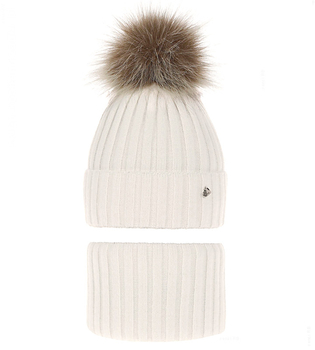 Zimowa czapka i komin dla dziewczyny, Wilma, biały śmietankowy, 52-56 cm