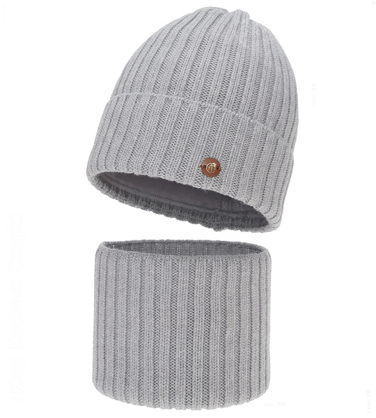 Czapka i komin z wełny merino 100%, komplet zimowy, Navira,  szary (11), 54-56 cm