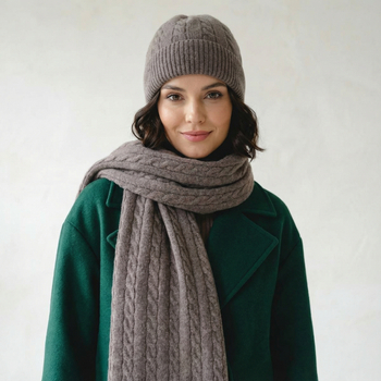 Ekskluzywny Komplet czapka i szalik,  Merino + Kaszmir,  taupe, 55-58 cm