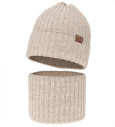 Czapka i komin dla chłopca, z wełną merino, Raqmin, beżowy, 53-56 cm
