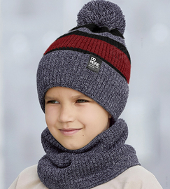 Czapka i komin dla chłopca, Potrei, granatowy melanż + bordowy, 52-56 cm