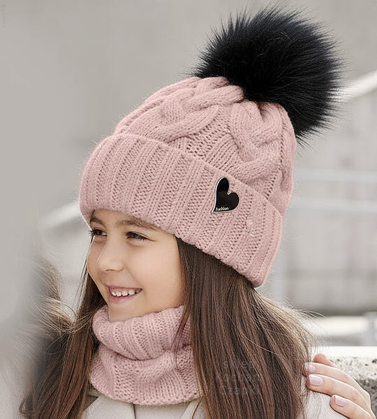 Czapka i komin dla dziewczynki, komplet zimowy, Vitona, różowy, 54-56 cm