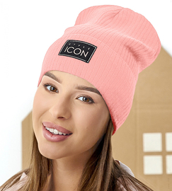 Czapka wiosenna-jesienna damska, z dzianiny w prążek, pudrowy róż, Engera, 54-57 cm