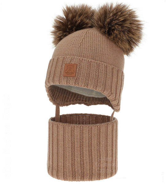 Czapka i komin dla chłopca, wełniany komplet 100% merino, Noovik, kamel, 48-50 cm