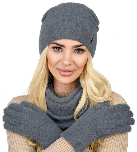 Czapka, komin i rękawiczki, damski komplet zimowy, Bernata, szary, 55-60 cm