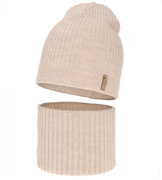 Czapka i komin merino, jesienny/wiosenny komplet, 100% merino, Siechel, beżowy, 54-56 cm