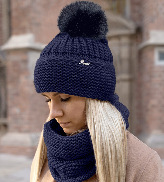 Czapka zimowa z pomponem, komin, komplet damski, Mauricia, granat (9), 55-57 cm