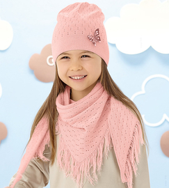 Czapka i chusta dla dziewczynki, dzianinowy ażurowy komplet, Nilfia, łososiowy, 53-55 cm