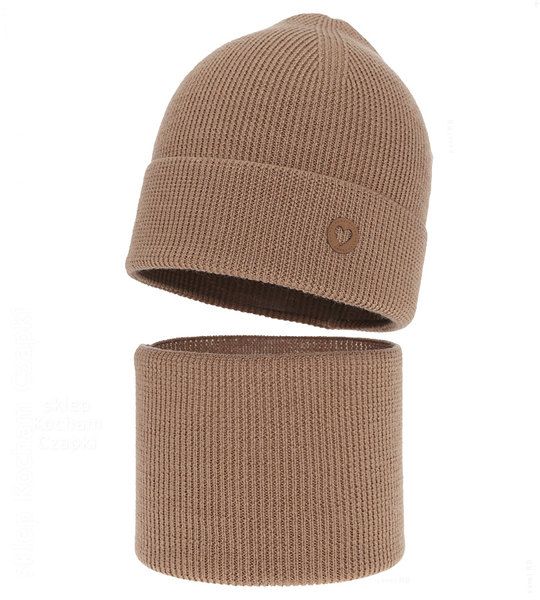 Czapka i komin dla dziewczynki, jesienny/wiosenny komplet wełniany, 100% merino, Corrie, karmelowy, 52-54 cm