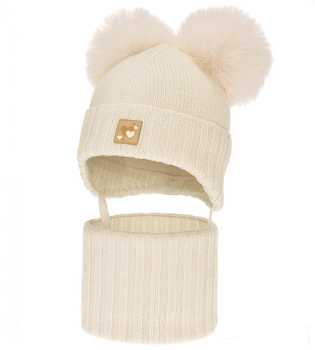 Czapka i komin dla dziewczynki, 100% merino, z polarem wełnianym, Norina, kremowy, 42-45 cm