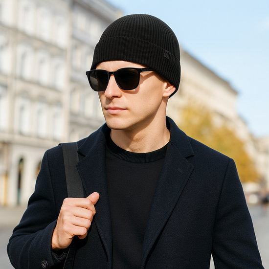 Czapka męska, wiosenna/jesienna, z wełny merino i kaszmiru, Uzatyr, czarna, 55-58 cm