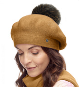 Beret damski zimowy z pomponem, wełniany, Keno, musztardowy (2), 56-59 cm