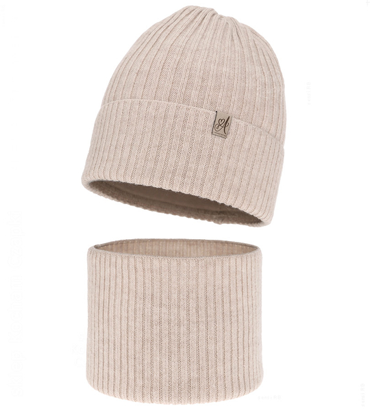 Czapka i komin dla dziewczynki, 100% merino, Temira, beżowy, 50-52 cm