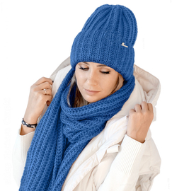 Czapka i szalik damski, modny komplet zimowy, Limda, niebieski chabrowy, 56-59 cm