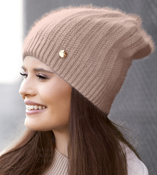 Czapka zimowa, damska, Loana, z angorą, nude, 55-58 cm