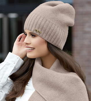 Ekskluzywny komplet damski wełniany, czapka i szal, Viveka, beżowy (A2), 54-56 cm