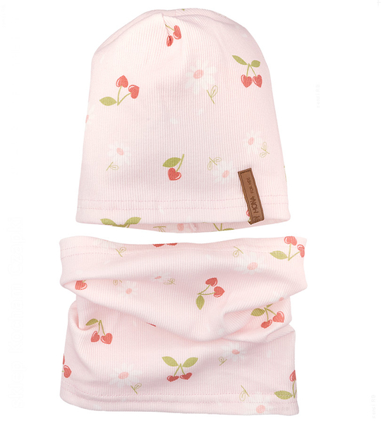  Czapka i komin, wiosenny komplet dla dziewczynki, różowy - czeresienki, 46-49 cm