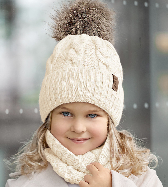 Czapka i komin dla dziewczynki, komplet zimowy, Millva, śmietankowy, 54-56 cm