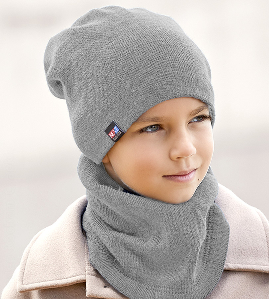 Zimowa czapka i komin, sportowy komplet dla chłopca, Creation, dwustronny, granat + szary, 50-55 cm
