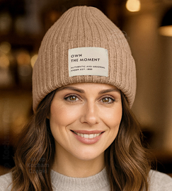 Czapka wełniana damska, merino i kaszmir, gruba, ciepła, z naszywką, Puro, karmelowa (2), 55-57 cm