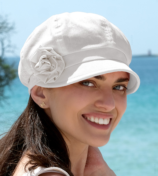 Kaszkiet damski na lato, lniany, Mia, biały, 55-57 cm