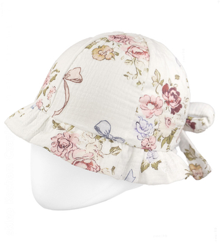 Kapelusz muślinowy dla dziewczynki, biały w kwiaty, KP01,  regulowany obwód 46-53 cm