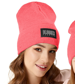 Czapka wiosenna-jesienna damska, z dzianiny w prążek, koralowa, BlogFash, 54-57 cm