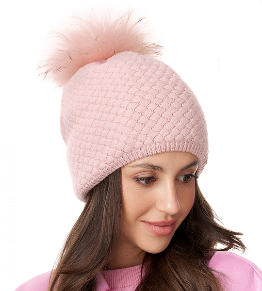  Czapka Damska z Wełny Merino z Pomponem z Jenota, Makaria, różowa, 56-60 cm 