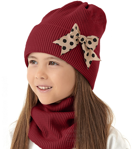 Czapka zimowa i komin dla dziewczynki, Lovilet, bordowy, 52-56 cm