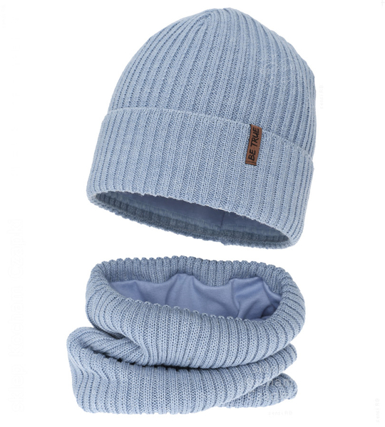 Czapka i komin dla chłopca, z wełną merino, Locton, niebieski (05), 50-52 cm
