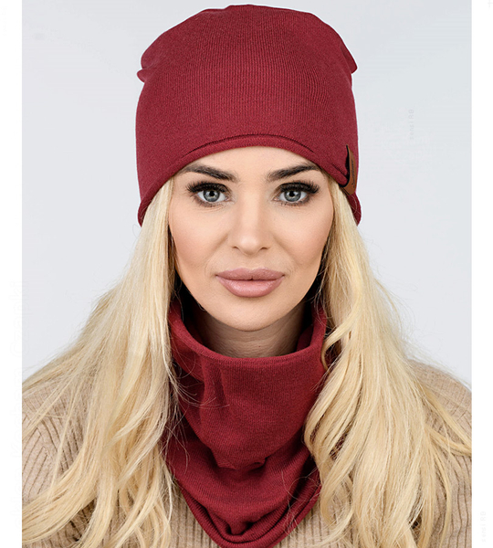 Czapka i komin damski, komplet wiosenny-jesienny, Mirandi, bordowy, 55-57 cm